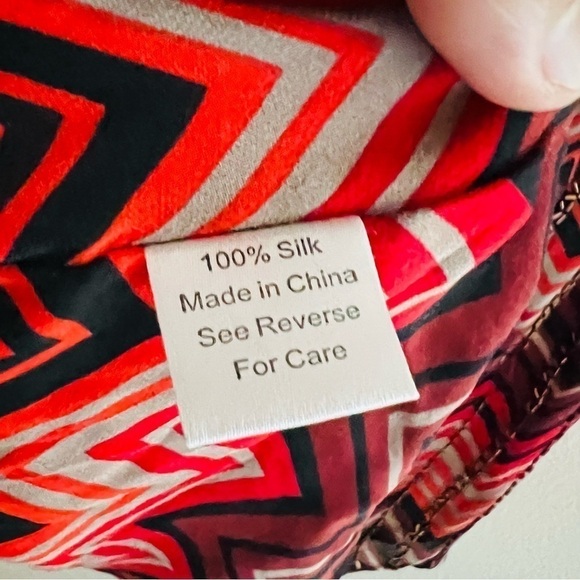 PARKER Women's Red/Orange/Black Keyhole Cut Out Silk Long Sleeve Midi Dress Sz L - Picture 7 of 9